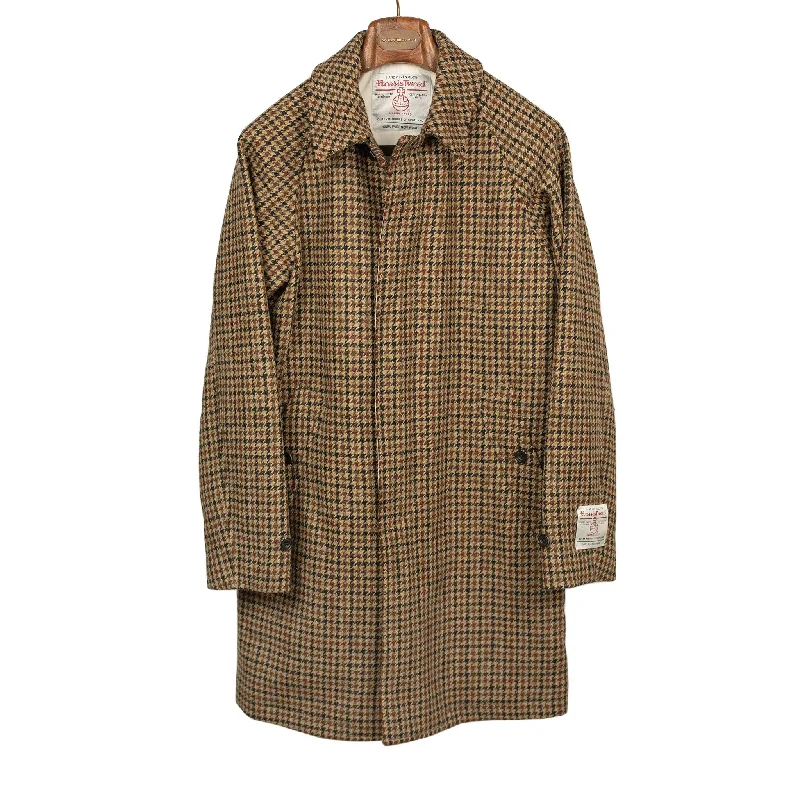 Balmacaan coat in brown, black, and burgundy guncheck Harris Tweed wool (restock)