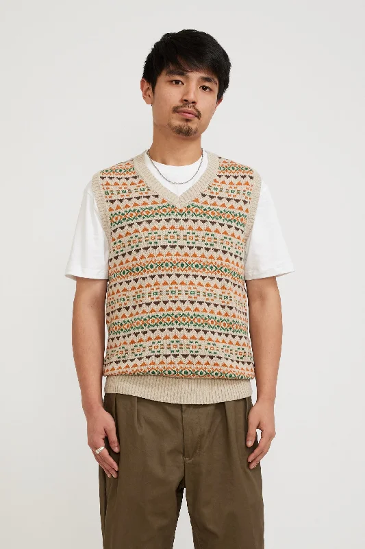 Cotton Linen Vest Fair Isle Pattern Beige