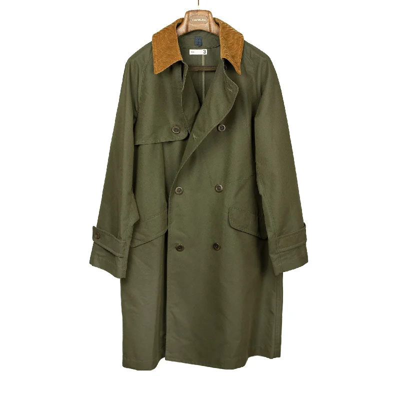 Raglan trench coat in dark olive cotton mix gaberdine