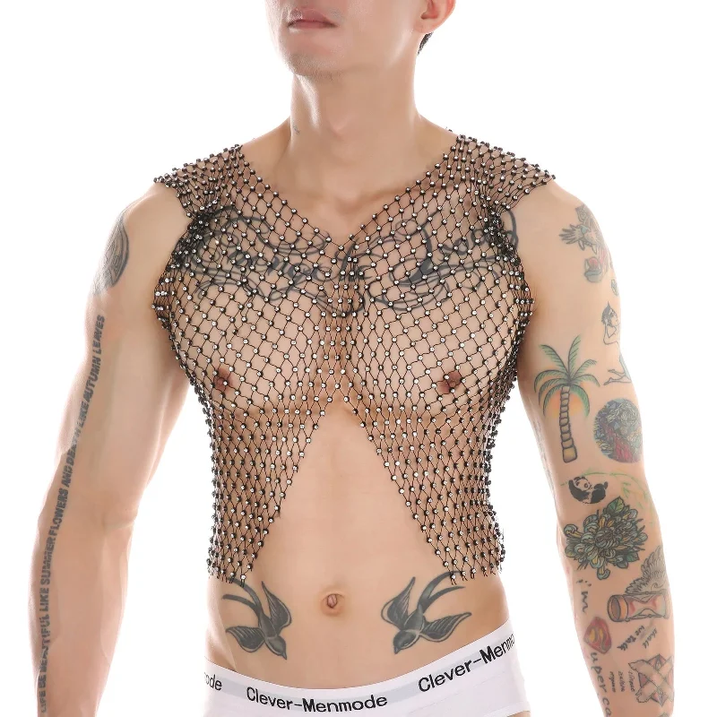 Glitter Midriff Rhinestone Fishnet Vest