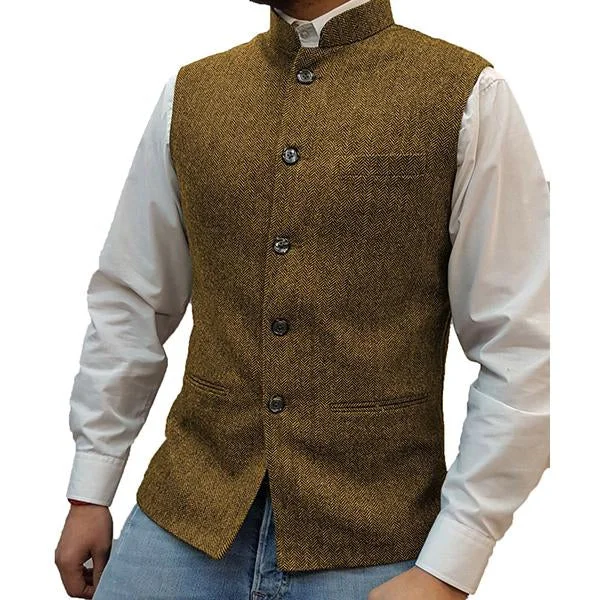 Men's Stand Collar Herringbone Single Breasted Vest 76418897M