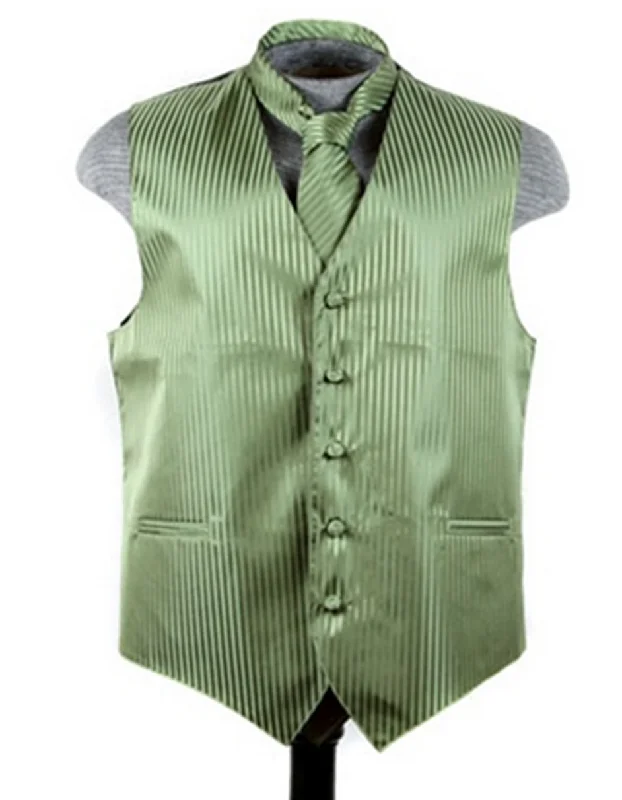 Olive Green Tonal Stripe Vest Set