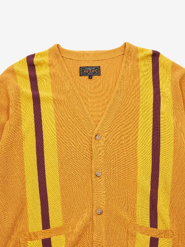 beams-plus-stripe-jacquard-cardigan-mustard