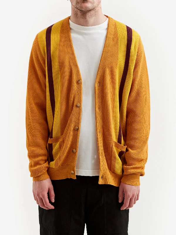 beams-plus-stripe-jacquard-cardigan-mustard