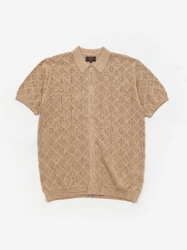 Beams Plus Zip Knit Mesh Polo - Beige