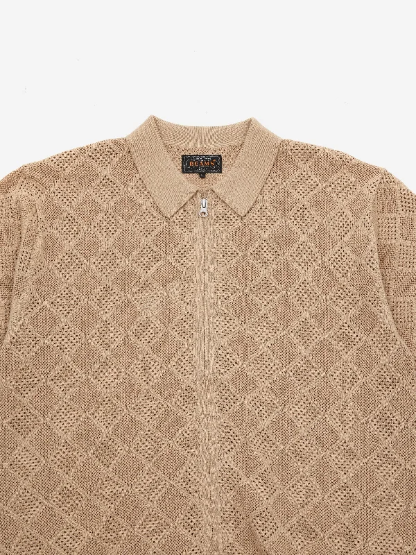 beams-plus-zip-knit-mesh-polo-beige