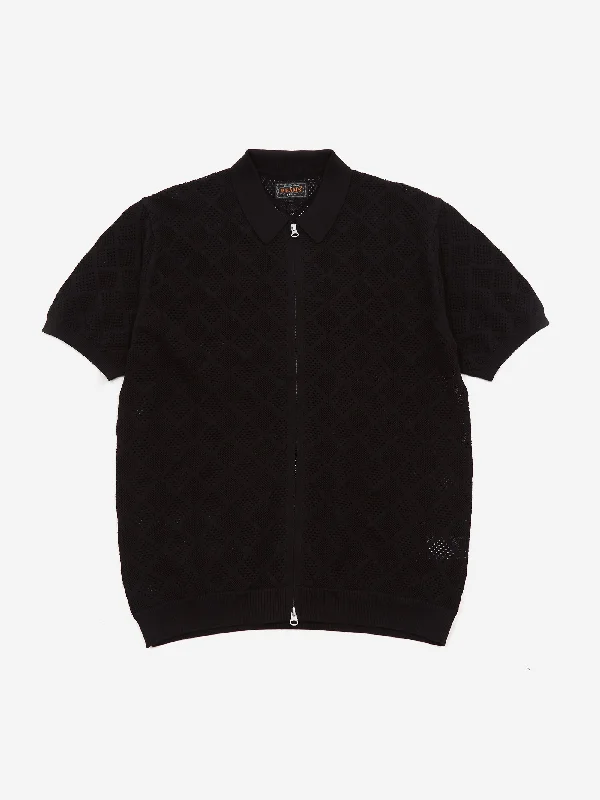 Beams Plus Zip Knit Mesh Polo Mesh - Black