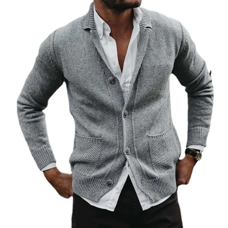 Men's Solid V-Neck Long Sleeve Pocket Knit Jacket 88751655X