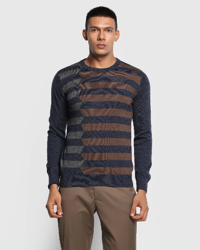 Crew Neck Navy Printed Sweater - Leech