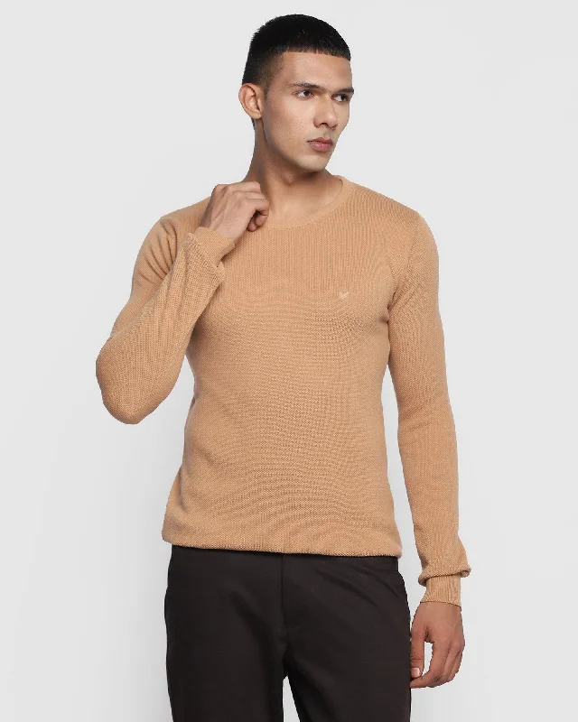 Crew Neck Brown Tan Textured Sweater - Delta