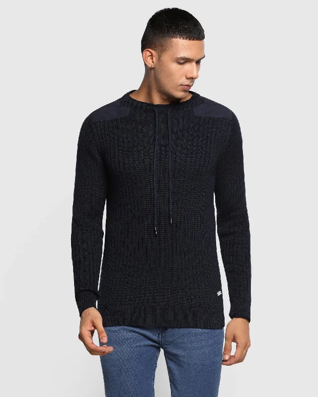 Crew Neck Navy Textured Sweater - Lucy