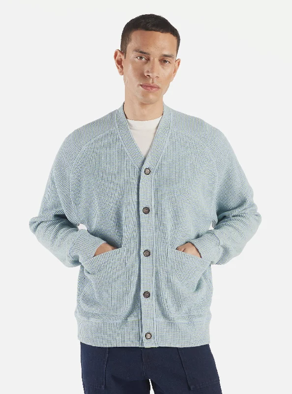 Universal Works Dickie Cardigan in Sky Fluro Cotton