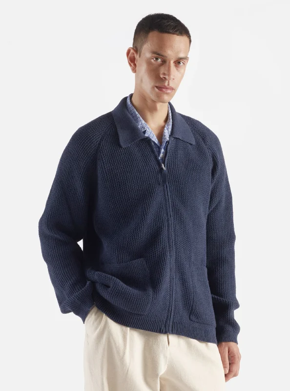 Universal Works Rack Stitch Zip Up Knit in Indigo Eco Cotton