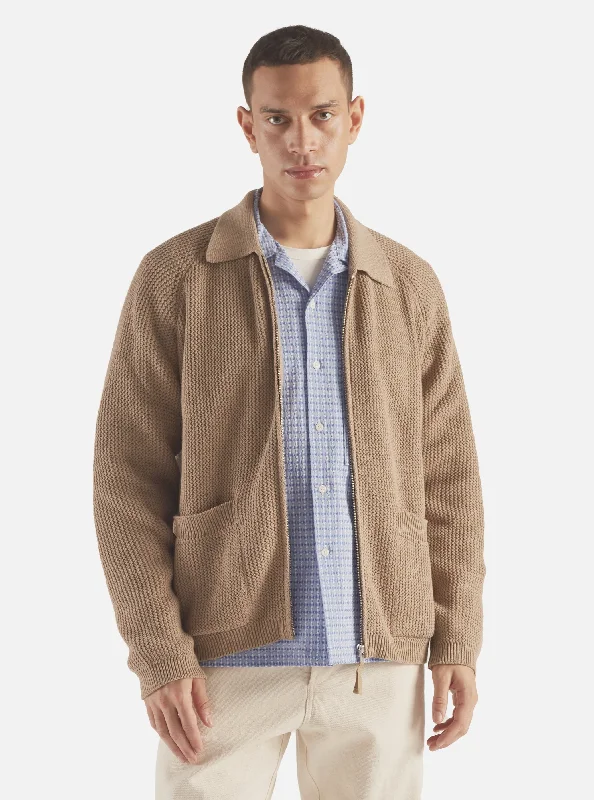 Universal Works Rack Stitch Zip Up Knit in Summer Oak Eco Cotton