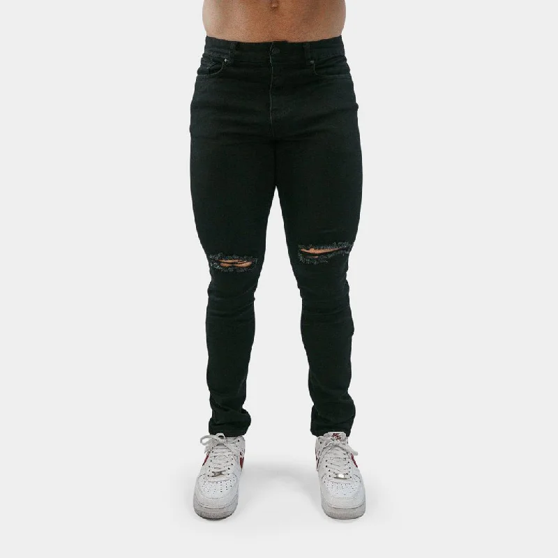 Active Tapered Slim Fit Jeans - Black Knee Rips