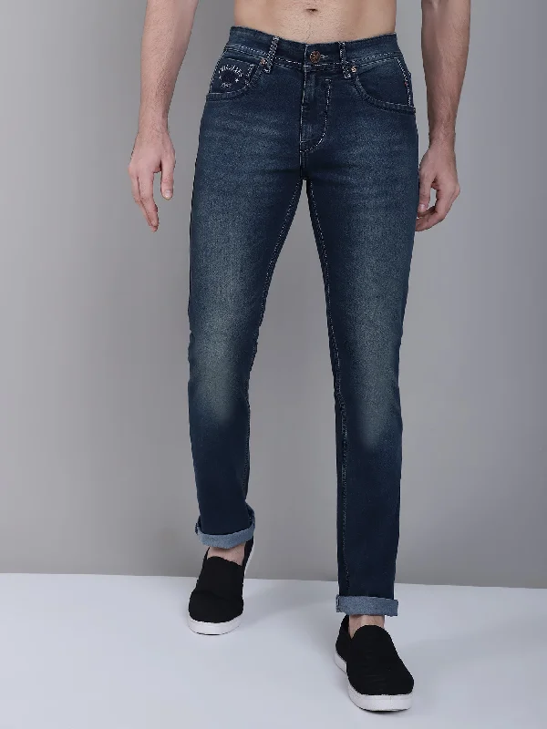 Cantabil Blue Solid Cotton Denim Flat Front Mid Rise Full Length Regular Fit Casual Jeans For Men