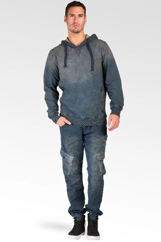 Dark Tainted Knit Denim Pullover Hoody Shirts Side Rib Inset Rough Rugged