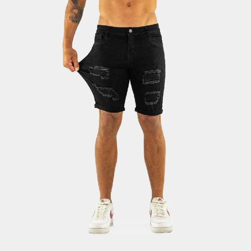 Ultra Stretch Denim Shorts - Black Ripped