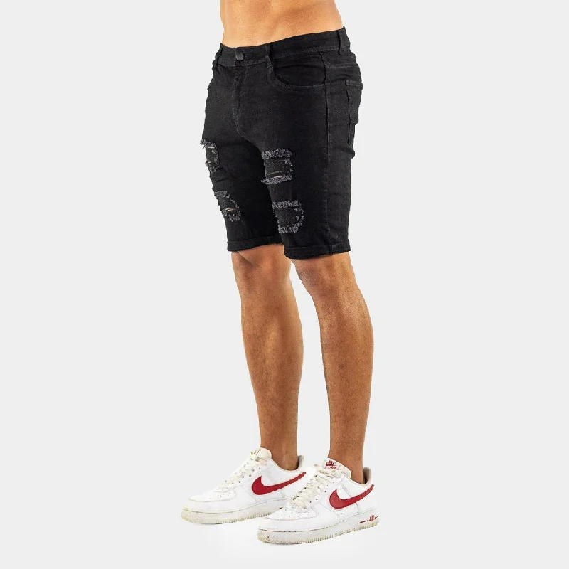 Ultra Stretch Denim Shorts - Black Ripped