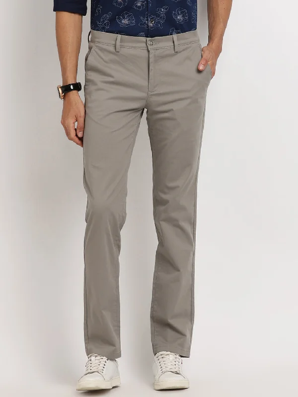 Cotton Stretch Light Grey Plain Ultra Slim Fit Flat Front Casual Trouser