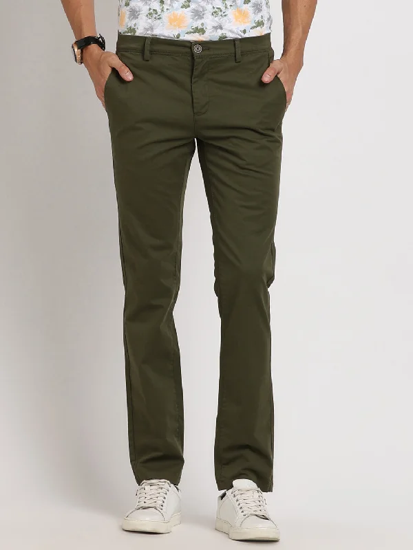 Cotton Stretch Olive Plain Ultra Slim Fit Flat Front Casual Trouser