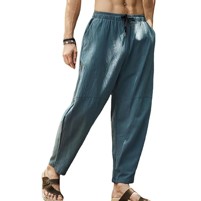 mens-loose-cotton-linen-solid-color-drawstring-pants-26608017y