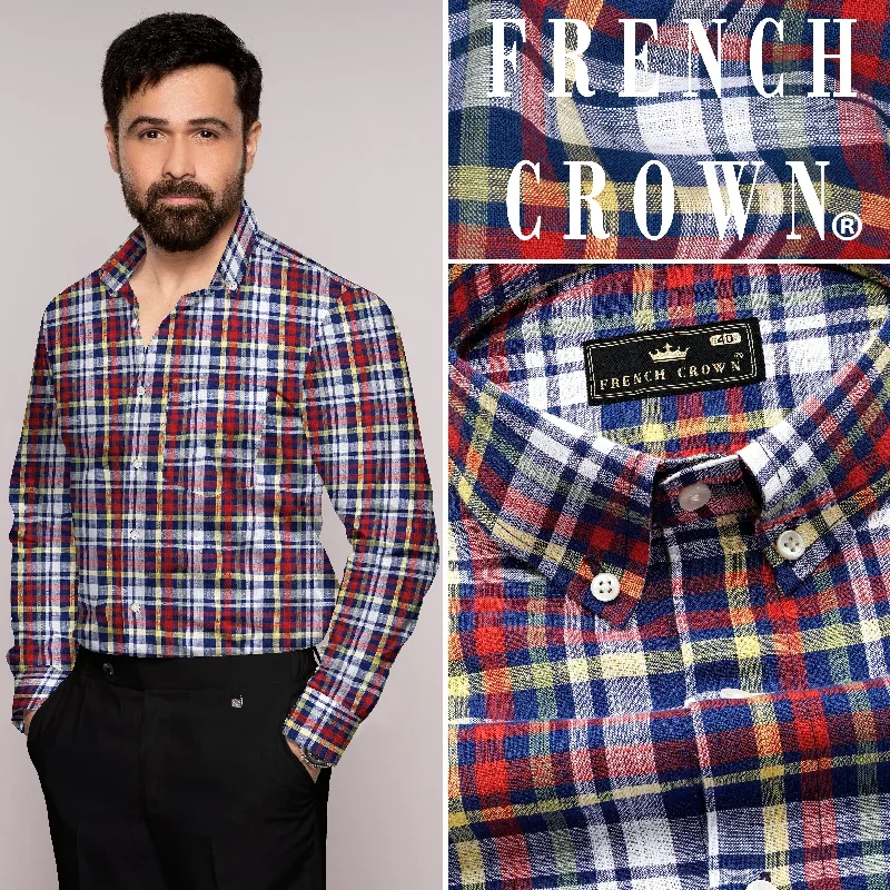 Bright White with Deep Cove Blue and Cornell Red Checkered Luxurious Linen Shirt