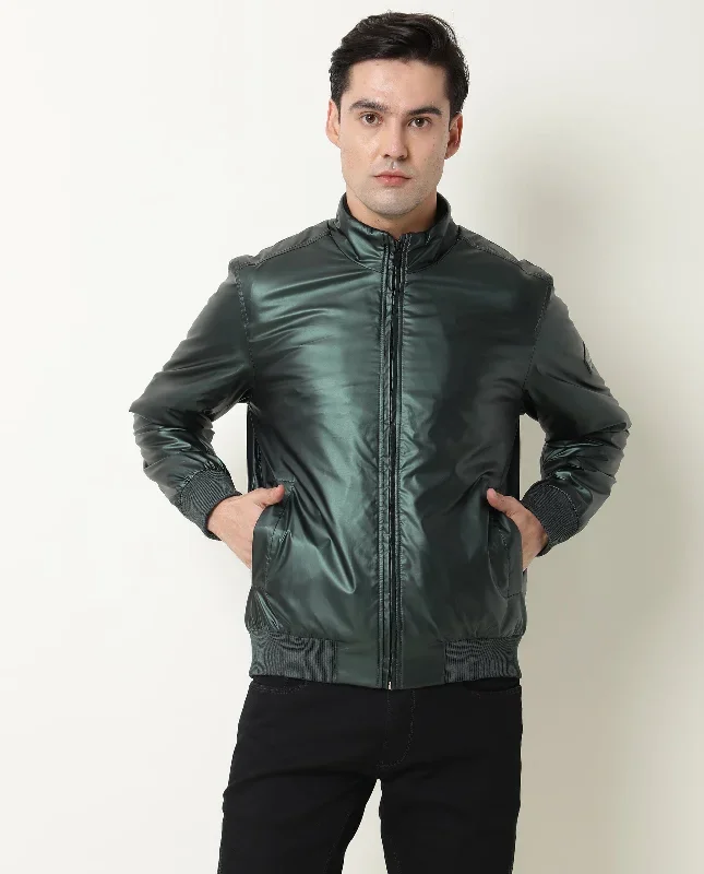 Rare Rabbit Men's Carpi Green Solid Metallic Bomber Jacket