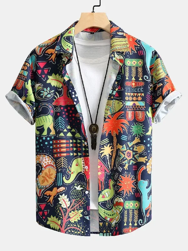 Cartoon Animal And Plant Print Button Up Shirt