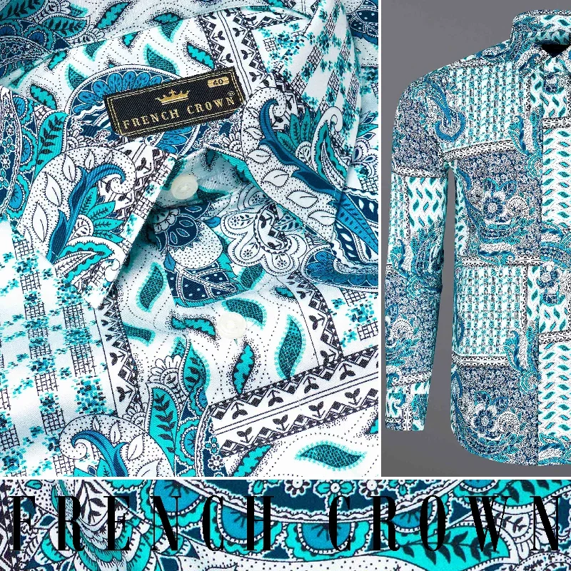 Cerulean Blue with Dark Turquoise Bohemian Paisley Printed Super Soft Premium Cotton Shirt