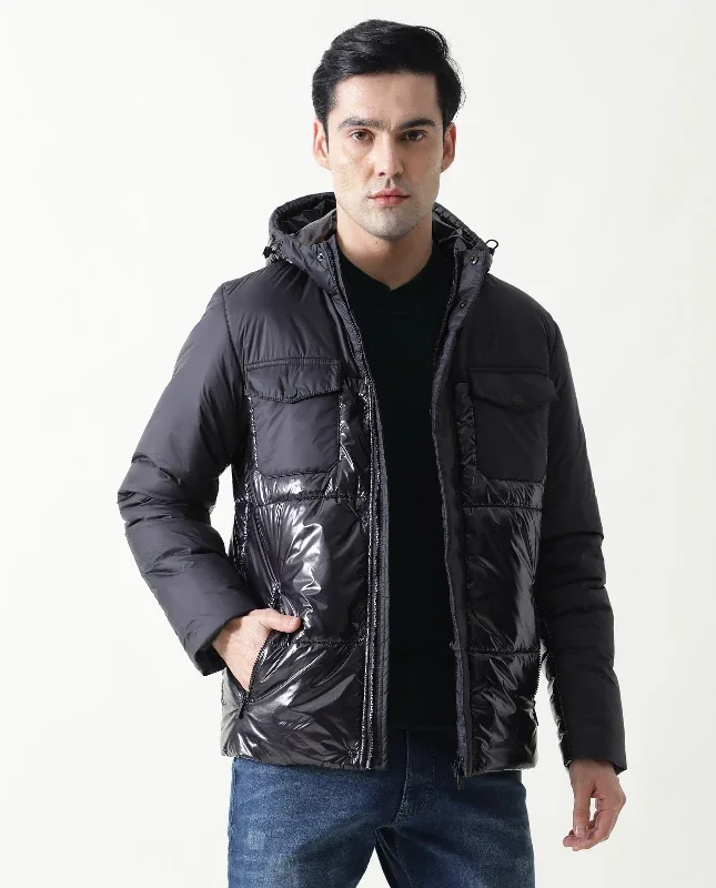 Rare Rabbit Men's Gat Black Two-Tone Hooded Metallic Jacket