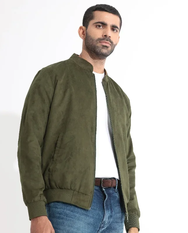 Rare Rabbit Men's Henron Green Plain Suede Bomber Jacket