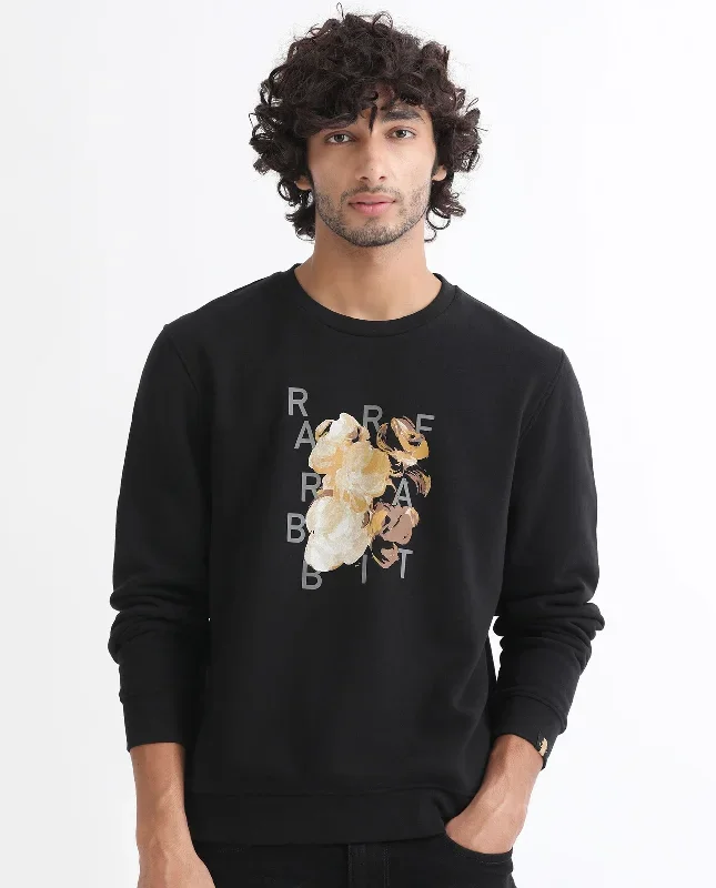 Rare Rabbit Men's Notic Black Cotton Polyester Fabric Full Sleeves Abstract Floral Print Sweatshirt