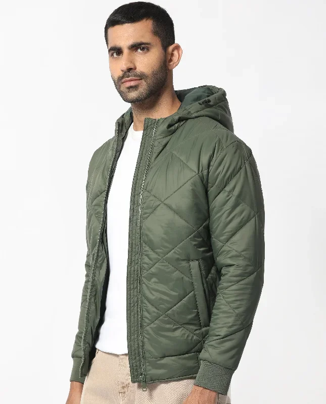 Rare Rabbit Men's Parco Dark Green Diamond Quilted Hooded Puffer Jacket