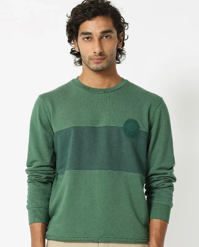 Rare Rabbit Men's Privett Green Cotton Polyester Fabric Full Sleeves Cut And Sew Colorblocked Sweatshirt