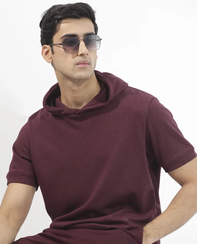 Rare Rabbit Mens Shood Maroon Sweatshirt Short Sleeve Hooded Solid