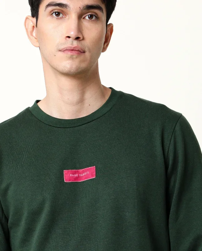 Rare Rabbit Men's Velveto Green Cotton Polyester Fabric Full Sleeves Velvet Branding Knit Sweatshirt